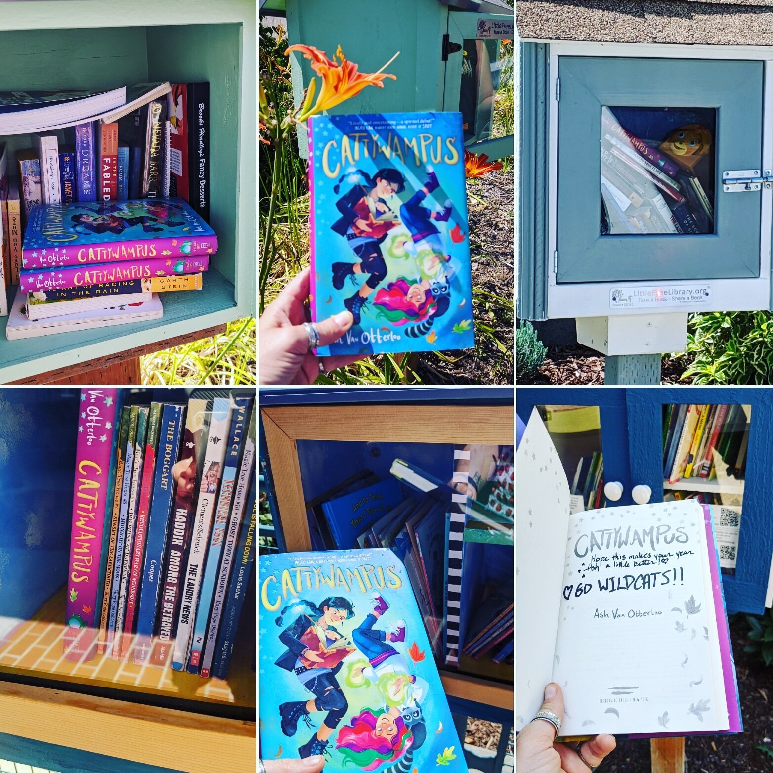 Collage of author dropping signed copies into local Little Free Libraries, as an act of debut-day celebration earlier this week!