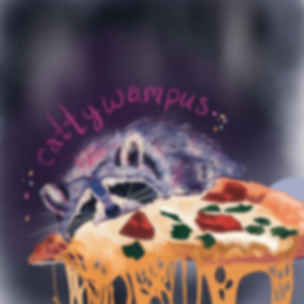 A sneak peak at part of some pre-order giveaway swag for CATTYWAMPUS that my brilliant, talented friend  Duckie.Louise  created! Stay tuned for a giveaway announcement soon!  [photo: slightly blurred digital artwork of an adorable raccoon chomping a cheesy slice of pizza, and jelly beans surrounding the word ‘Cattywampus’]